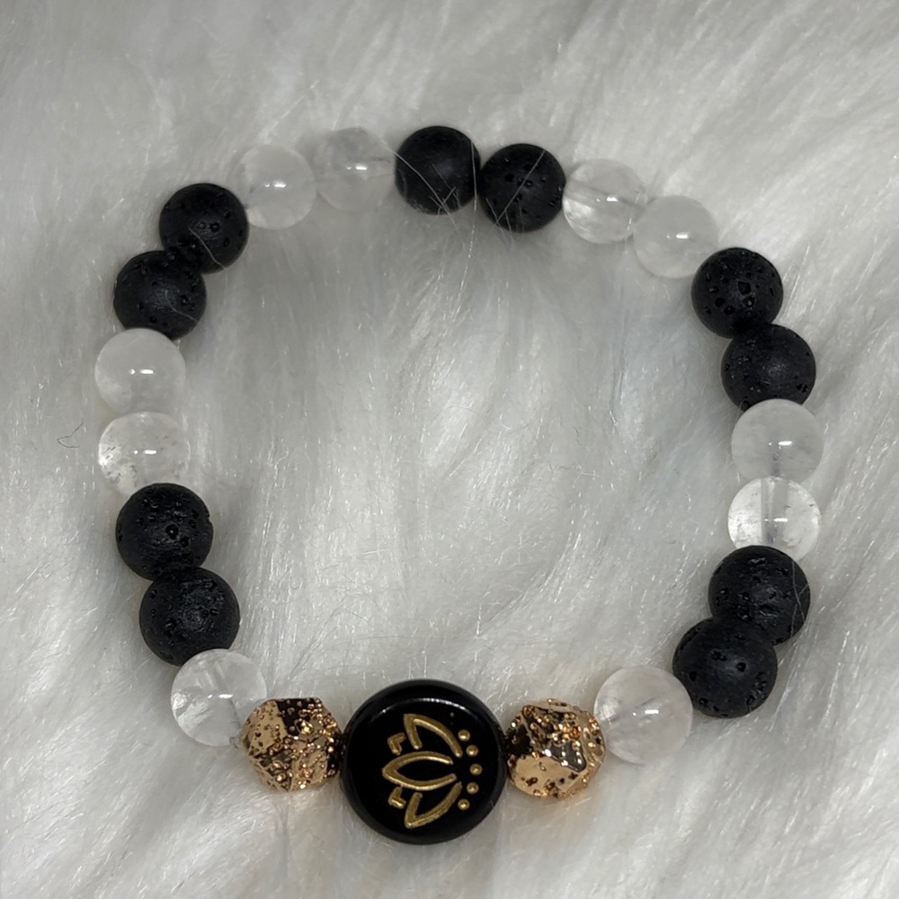 Lava and Quartz Lotus Stretch Bracelet with 18k Gold Paint